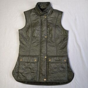 Barbour Wray Gilet Vest Women Size 6 Olive Green Fleece Lined Diamond Quilt Zip